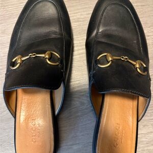 Gucci Black Leather Men's Slip-On Loafers with Gold Detail